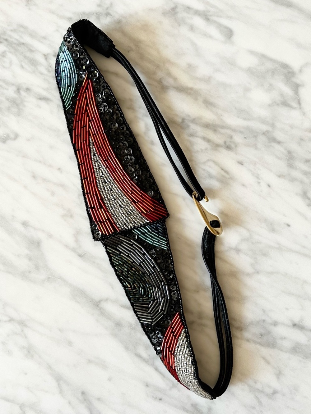 Vintage MILOR Black Red Beaded Belt Art Deco Statement